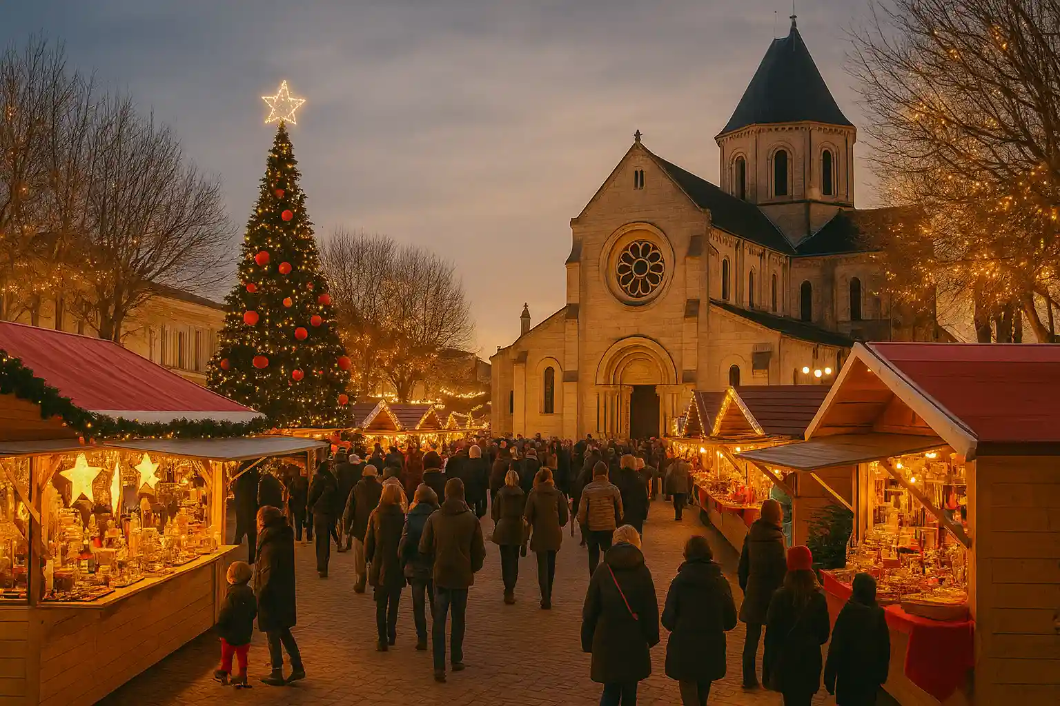 Marché de Noël en Gironde avec chalets illuminés et ambiance festive